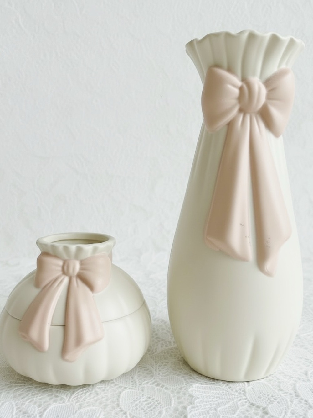 Ivory Ceramic Vase Set with Blush Bow Accent - Home Accents